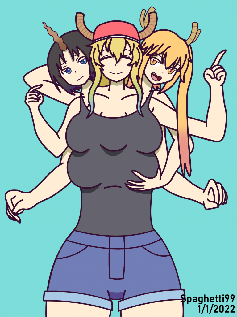 Conjoined Dragons (Lucoa)
Lucoa: "My, my, I didn't realize sharing a body would feel this...sensational. Look at how many breasts we have!"
Tohru: "Hey, why do you get to keep so many limbs? I only get two arms!"
Elma: "Yeah, it's not fair. Why do you have so much control? You get to bring us wherever you want and we can only tag along!"
Lucoa: "Well, I'm the one who initiated the spell, and I'm the one with the most power out of us three. It makes sense that I'm the leader. Now come on, I'd love to see Shota's reaction to this!"
Keywords: misskobayashi&#039;sdragonmaid;tohru;elma;lucoa;quetzalcoatl;conjoined;threeheads;fivebreasts;fiveboobs;sixarms;hat