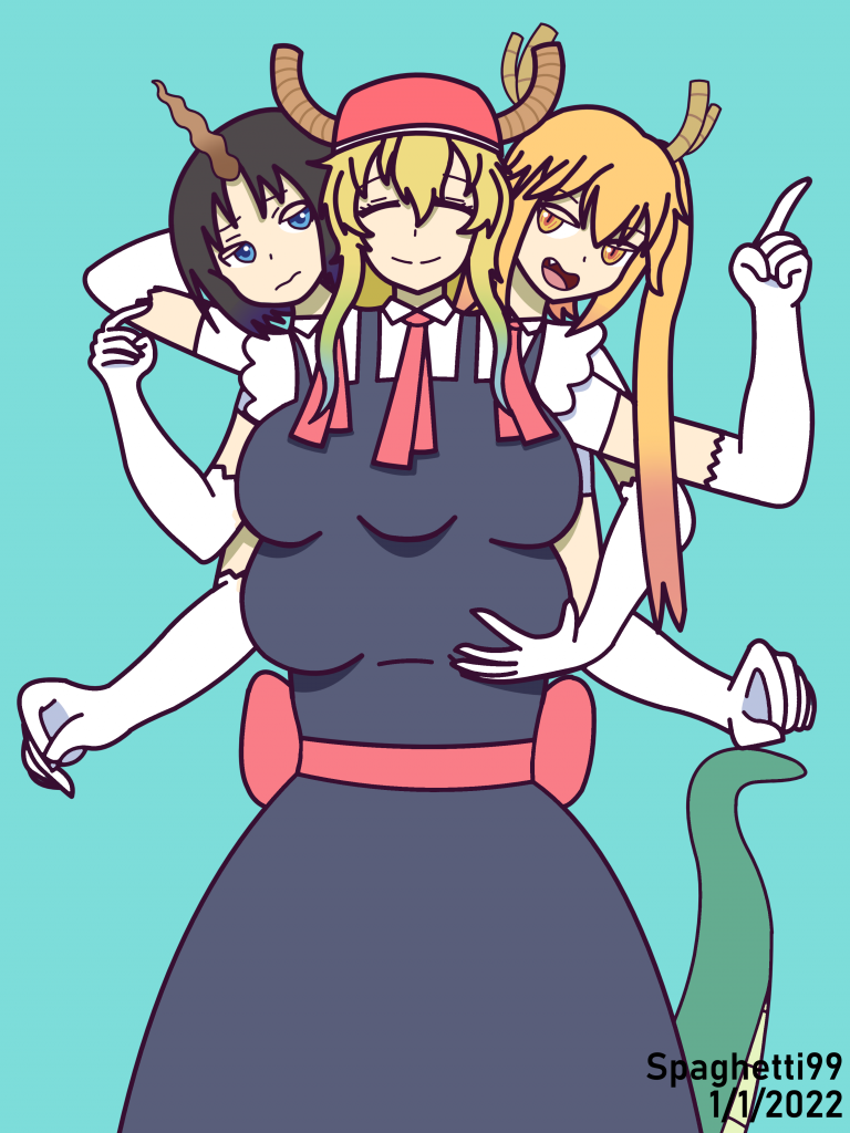 Conjoined Dragons (Tohru)
Tohru: "Oh Miss Kobayashi! Look at this! Now there's more of me for you to love!"
Lucoa: "You do realize this is our body now, right?"
Elma: "Yeah! Besides, you don't even have control over most of it! If anything, this body belongs to Lucoa."
Tohru: "Shut up! I get Miss Kobayashi all to myself!"
Keywords: misskobayashi&#039;sdragonmaid;tohru;elma;lucoa;quetzalcoatl;conjoined;threeheads;fivebreasts;fiveboobs;sixarms;hat