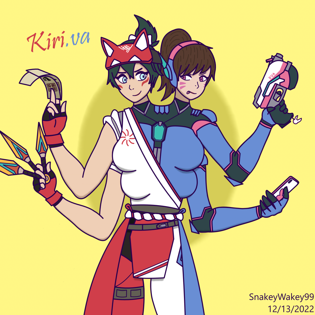 Kiri.va
Kiriko attempted to teleport to a low health D.va, but they instead found themselves stuck together! Fortunately, they make a pretty good pair! 
Keywords: kiriko;d.va;overwatch;overwatch2;multiarm;multibreast;fourarms;fourbreasts;fourboobs;pistol;kunai;ofuda;phone